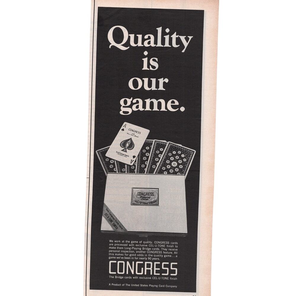 Congress Bridge Playing Cards Advertisement 1968 Vintage Games Gambling B&W